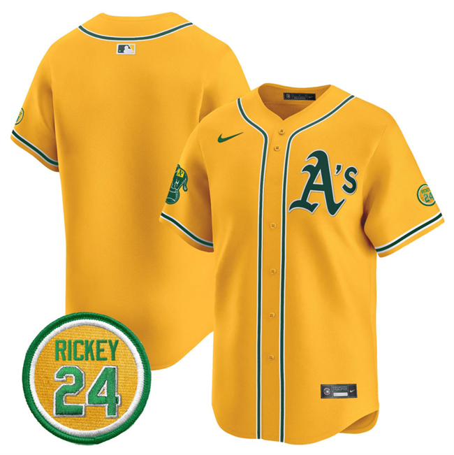 Personalized Men’s Oakland Athletics Blank Yellow 2024 Limited With Rickey Henderson Patch Stitched Jersey