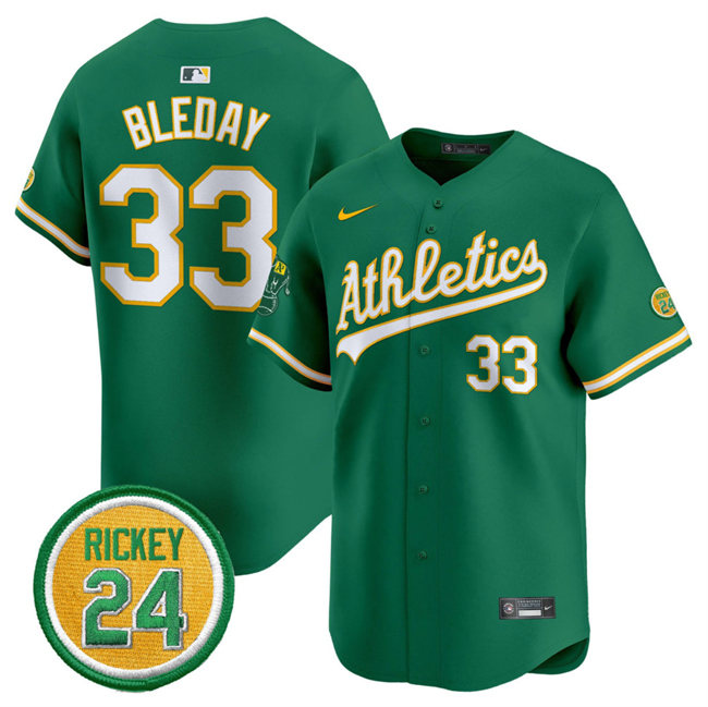 Personalized Men’s Oakland Athletics #33 JJ Bleday Green 2024 Limited With Rickey Henderson Patch Stitched Jersey