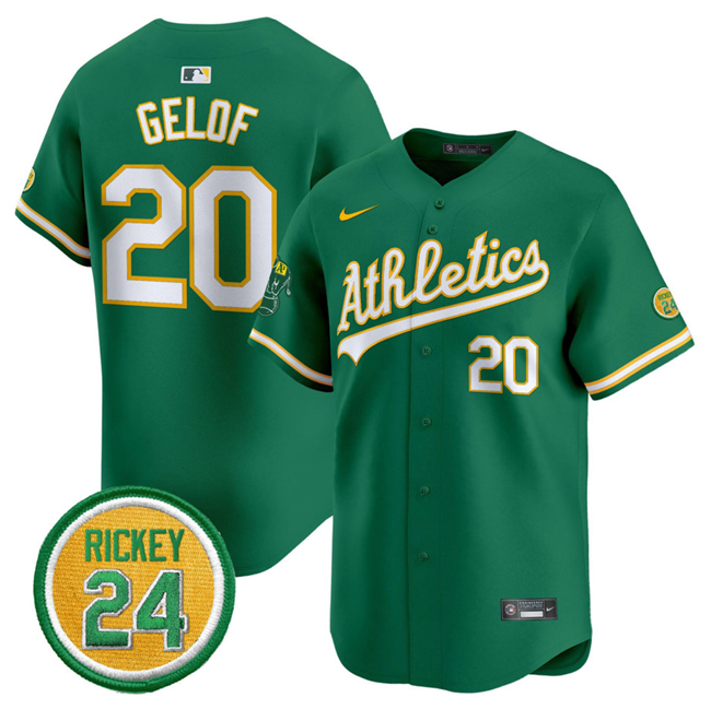 Personalized Men’s Oakland Athletics #20 Zack Gelof Green 2024 Limited With Rickey Henderson Patch Stitched Jersey