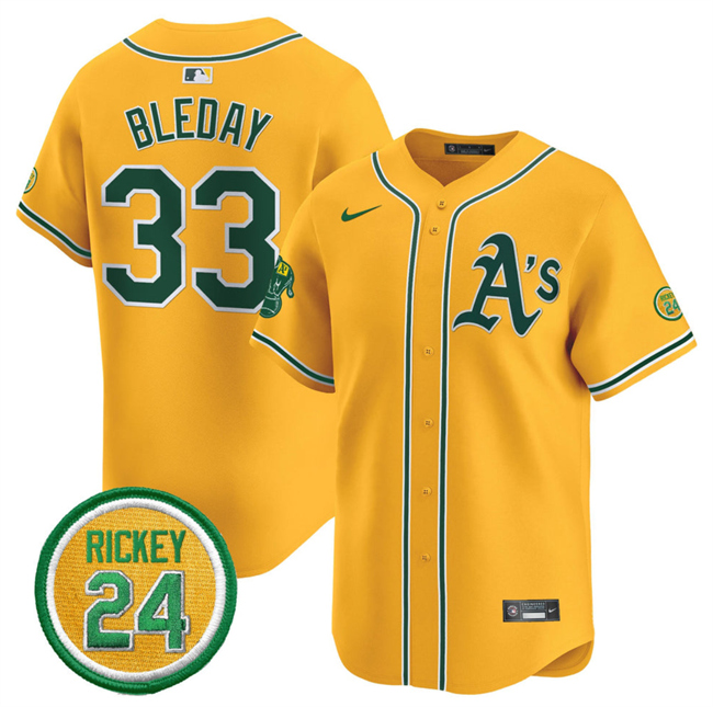 Personalized Men’s Oakland Athletics #33 JJ Bleday Yellow 2024 Limited With Rickey Henderson Patch Stitched Jersey