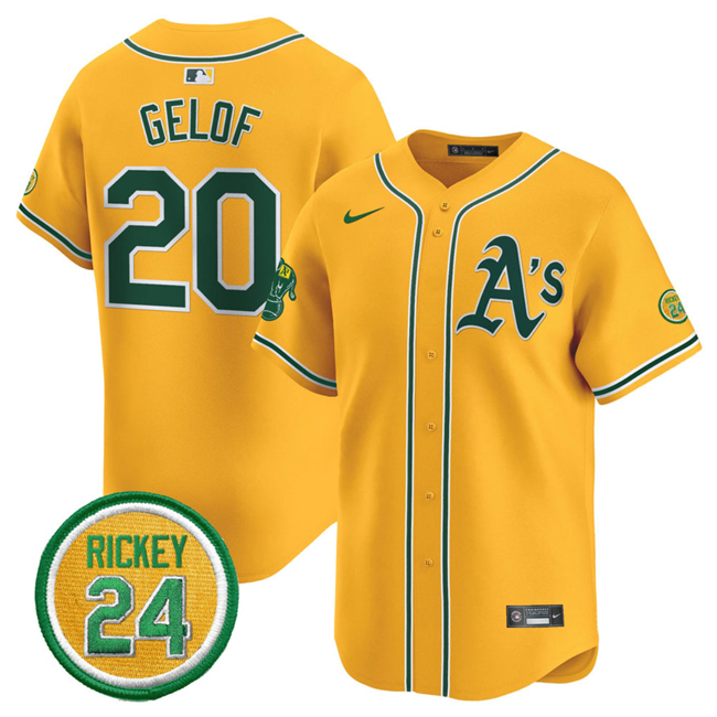 Personalized Men’s Oakland Athletics #20 Zack Gelof Yellow 2024 Limited With Rickey Henderson Patch Stitched Jersey