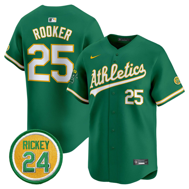 Personalized Men’s Oakland Athletics #25 Brent Rooker Green 2024 Limited With Rickey Henderson Patch Stitched Jersey