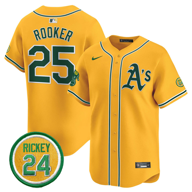 Personalized Men’s Oakland Athletics #25 Brent Rooker Yellow 2024 Limited With Rickey Henderson Patch Stitched Jersey