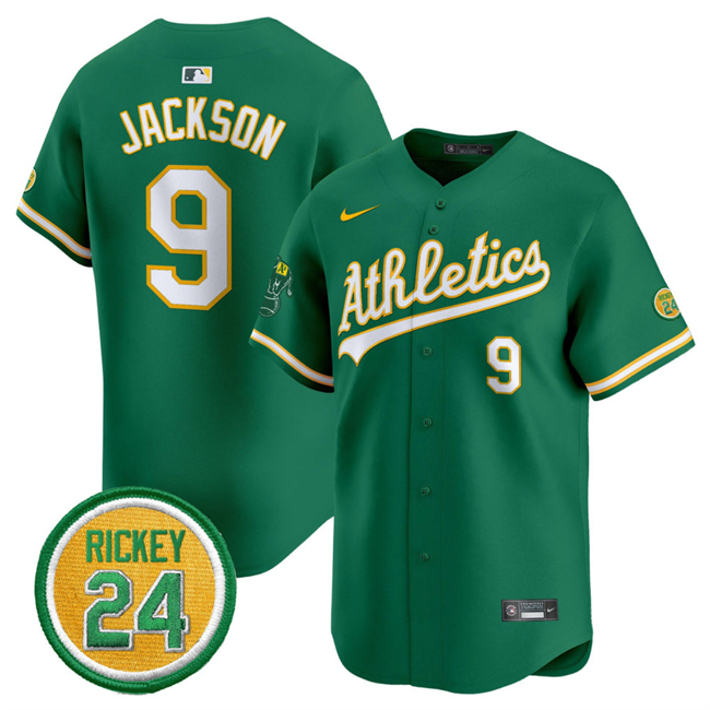 Personalized Men’s Oakland Athletics #9 Reggie Jackson Green 2024 Limited With Rickey Henderson Patch Stitched Jersey