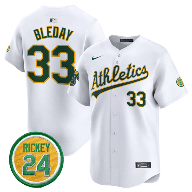 Personalized Men’s Oakland Athletics #33 JJ Bleday White 2024 Home Limited With Rickey Henderson Patch Stitched Jersey