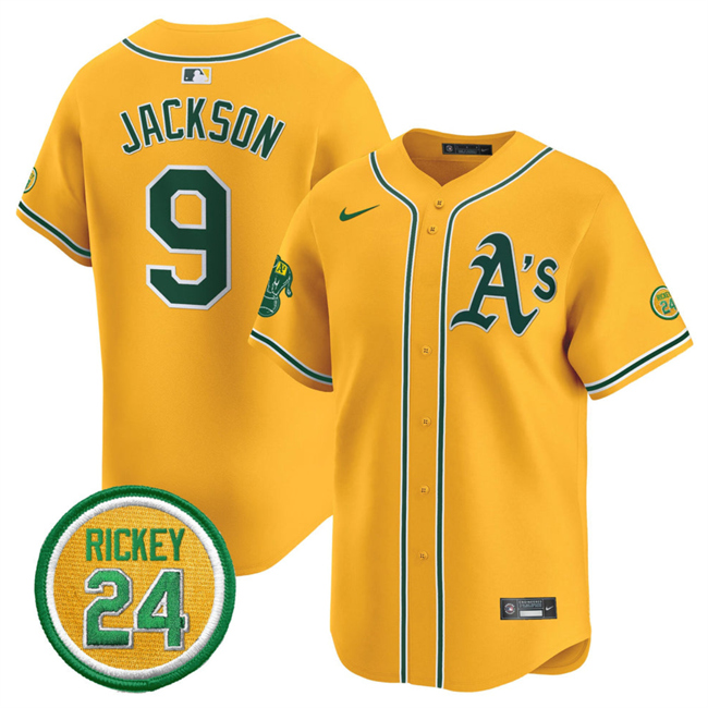 Personalized Men’s Oakland Athletics #9 Reggie Jackson Yellow 2024 Limited With Rickey Henderson Patch Stitched Jersey