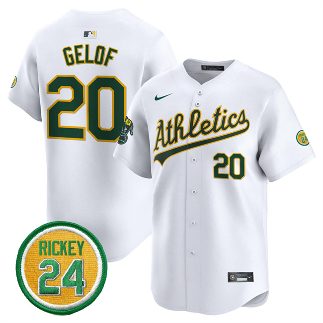 Personalized Men’s Oakland Athletics #20 Zack Gelof White 2024 Home Limited With Rickey Henderson Patch Stitched Jersey