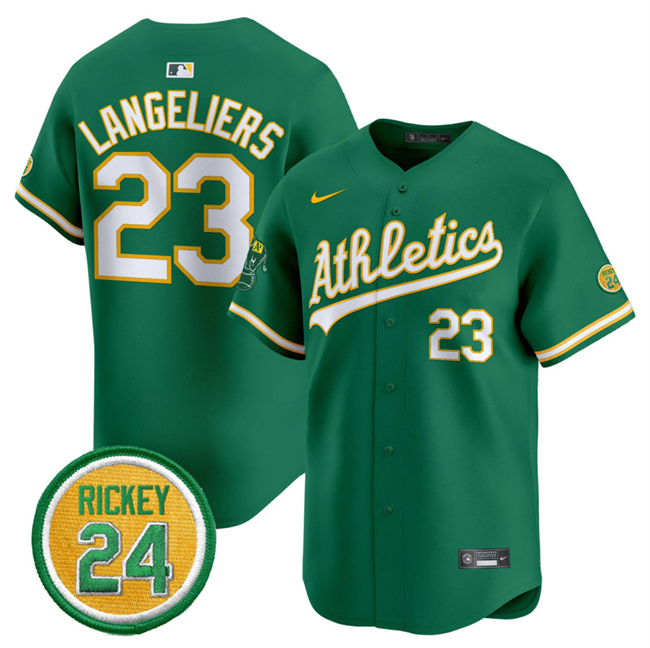 Personalized Men’s Oakland Athletics #23 Shea Langeliers Green 2024 Limited With Rickey Henderson Patch Stitched Jersey