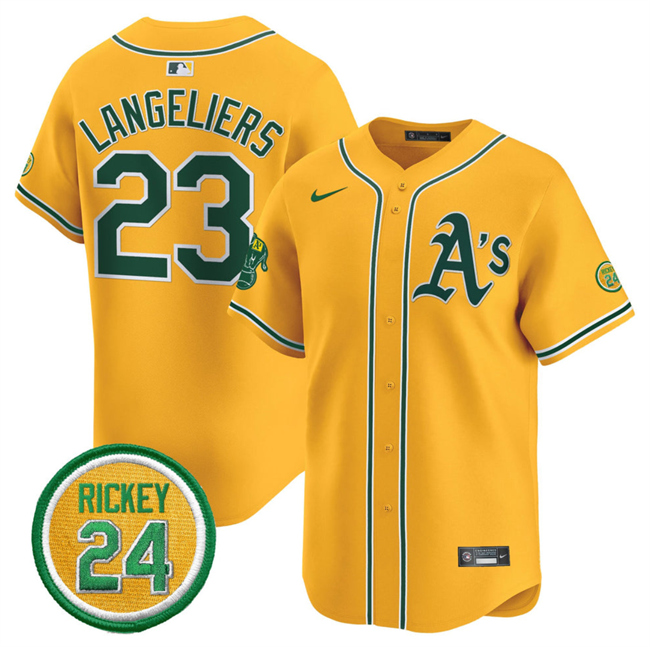 Personalized Men’s Oakland Athletics #23 Shea Langeliers Yellow 2024 Limited With Rickey Henderson Patch Stitched Jersey