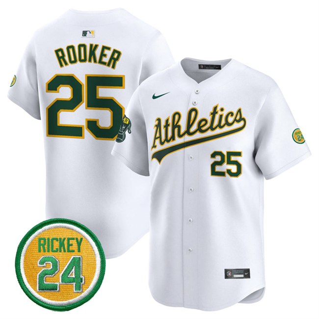 Personalized Men’s Oakland Athletics #25 Brent Rooker White 2024 Home Limited With Rickey Henderson Patch Stitched Jersey