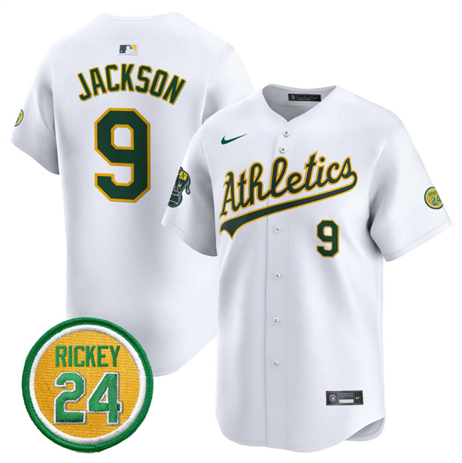 Personalized Men’s Oakland Athletics #9 Reggie Jackson White 2024 Home Limited With Rickey Henderson Patch Stitched Jersey