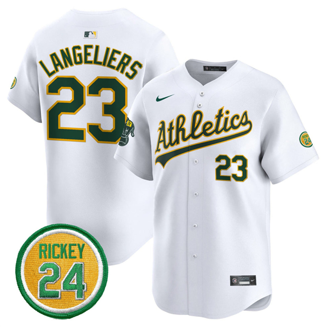 Personalized Men’s Oakland Athletics #23 Shea Langeliers White 2024 Home Limited With Rickey Henderson Patch Stitched Jersey
