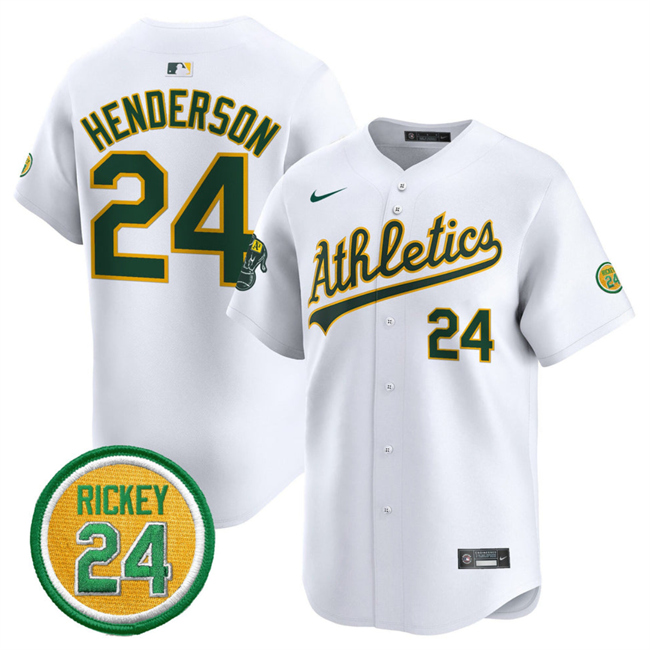 Personalized Men’s Oakland Athletics #24 Rickey Henderson White 2024 Home Limited With Rickey Henderson Patch Stitched Jersey
