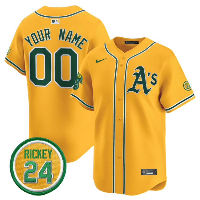 Personalized Men’s Oakland Athletics Active Player Yellow 2024 Limited With Rickey Henderson Patch Stitched Jersey