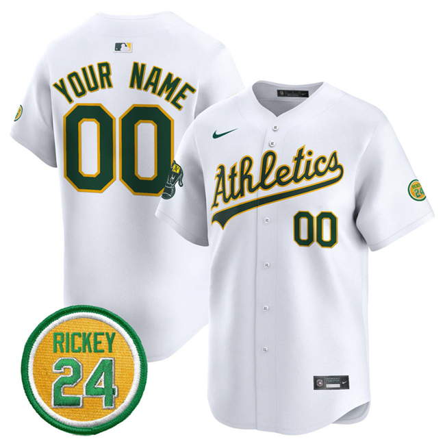 Personalized Men’s Oakland Athletics Active Player White 2024 Home Limited With Rickey Henderson Patch Stitched Jersey