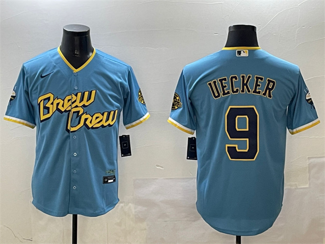 Personalized Men’s Milwaukee Brewers #9 Bob Uecker Powder Blue City Connect With Patch Cool Base Stitched Jersey