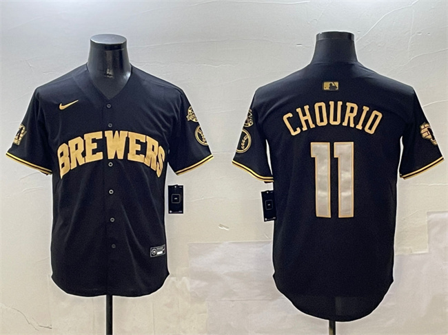 Personalized Men’s Milwaukee Brewers #11 Jackson Chourio Black Gold With Home Patch Limited Stitched Baseball Jersey