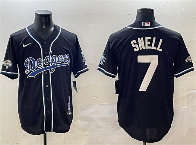Personalized Men’s Los Angeles Dodgers #7 Blake Snell Black 2024 World Series Champions Cool Base Stitched Baseball Jersey