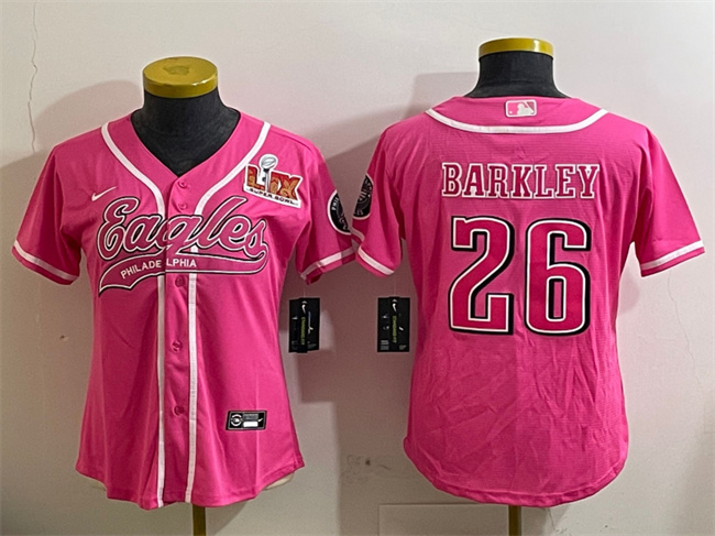 Personalized Women’s Philadelphia Eagles #26 Saquon Barkley Pink 2025 Super Bowl LIX Patch Cool Base Stitched Baseball Jersey(Run Small)