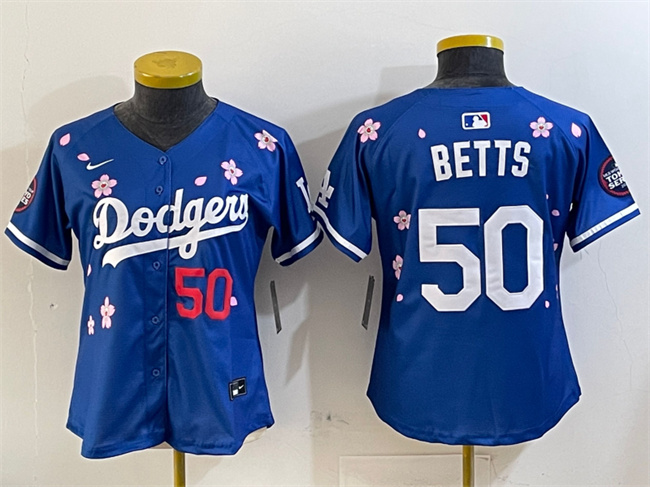 Personalized Women’s Los Angeles Dodgers #50 Mookie Betts Royal 2025 Tokyo Series Limited Stitched Baseball Jersey(Run Small)