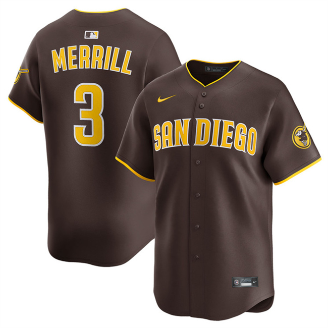 Personalized Men’s San Diego Padres #3 Jackson Merrill Brown 2024 Away Limited Stitched Baseball Jersey