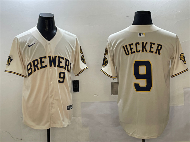 Personalized Men’s Milwaukee Brewers #9 Bob Uecker Cream With Home Patch Limited Stitched Baseball Jersey