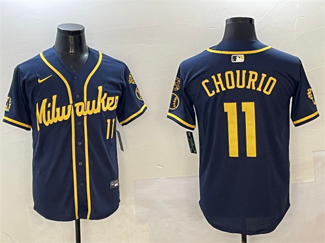 Personalized Men’s Milwaukee Brewers #11 Jackson Chourio Navy With Home Patch Limited Stitched Baseball Jersey
