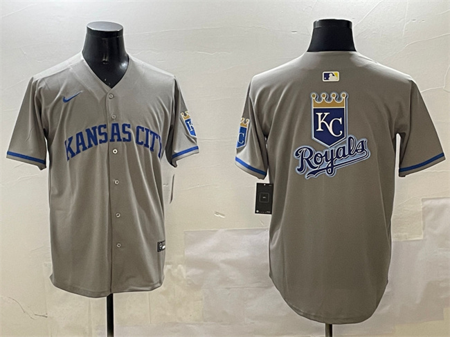 Personalized Men’s Kansas City Royals Team Big Logo Grey 2024 Away Limited Stitched Baseball Jersey