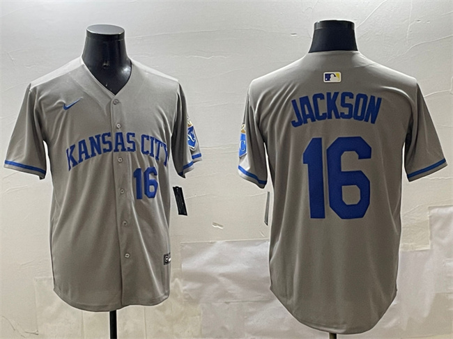 Personalized Men’s Kansas City Royals #16 Bo Jackson Grey 2024 Away Limited Stitched Baseball Jersey