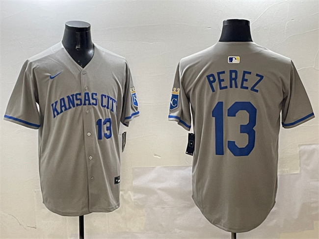 Personalized Men’s Kansas City Royals #13 Salvador Perez Grey 2024 Away Limited Stitched Baseball Jersey