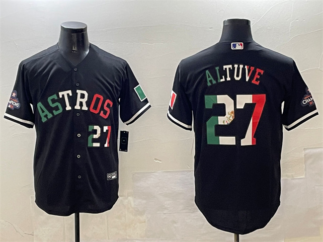 Personalized Men’s Houston Astros #27 Jose Altuve Black Mexico With World Serise Champions Patch Cool Base Stitched Baseball Jersey