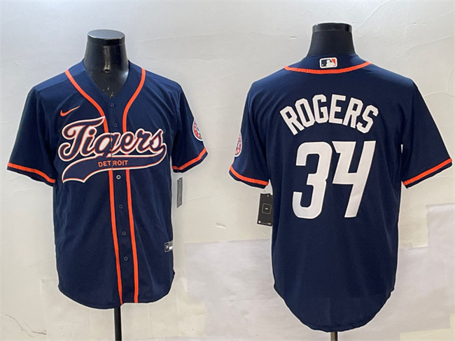 Personalized Men’s Detroit Tigers #34 Jake Rogers Navy With Patch Cool Base Stitched Baseball Jersey