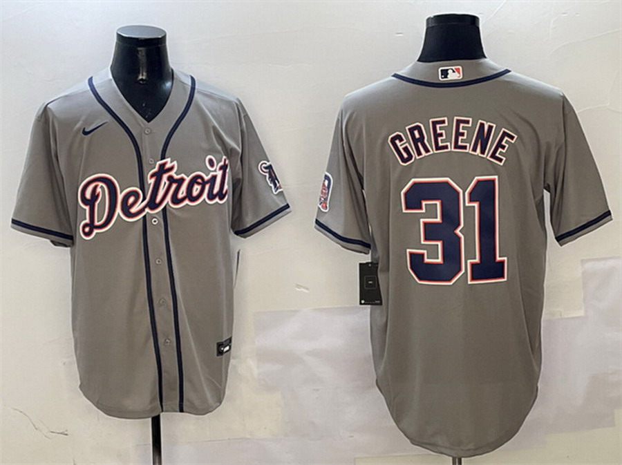Personalized Men’s Detroit Tigers #31 Riley Greene Grey With Patch Cool Base Stitched Baseball Jersey