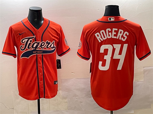 Personalized Men’s Detroit Tigers #34 Jake Rogers Orange With Patch Cool Base Stitched Baseball Jersey
