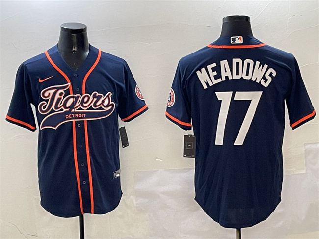 Personalized Men’s Detroit Tigers #17 Parker Meadows Navy With Patch Cool Base Stitched Baseball Jersey