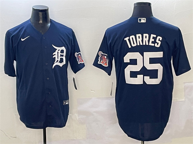 Personalized Men’s Detroit Tigers #25 Gleyber Torres Navy With Patch Cool Base Stitched Baseball Jersey