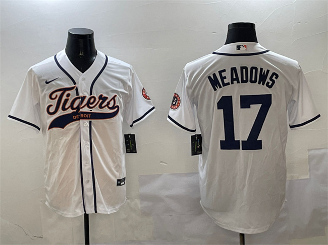 Personalized Men’s Detroit Tigers #17 Parker Meadows White With Patch Cool Base Stitched Baseball Jersey