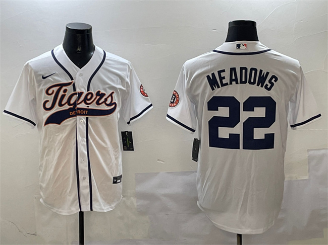 Personalized Men’s Detroit Tigers #22 Parker Meadows White With Patch Cool Base Stitched Baseball Jersey