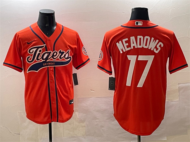 Personalized Men’s Detroit Tigers #17 Parker Meadows Orange With Patch Cool Base Stitched Baseball Jersey