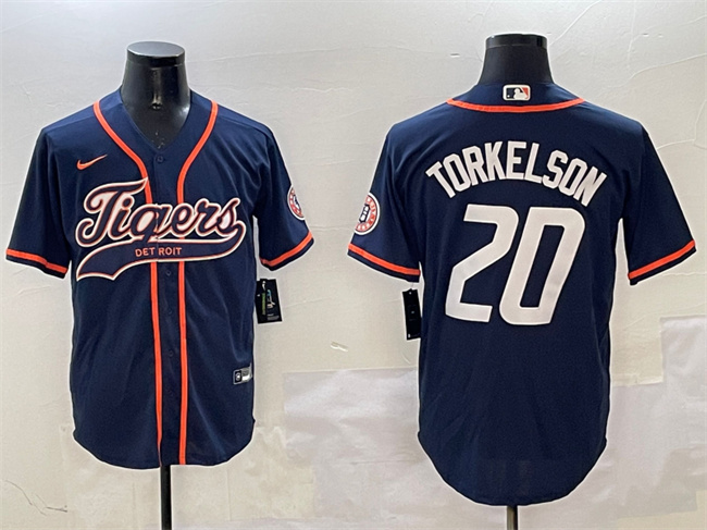 Personalized Men’s Detroit Tigers #20 Spencer Torkelson Navy With Patch Cool Base Stitched Baseball Jersey