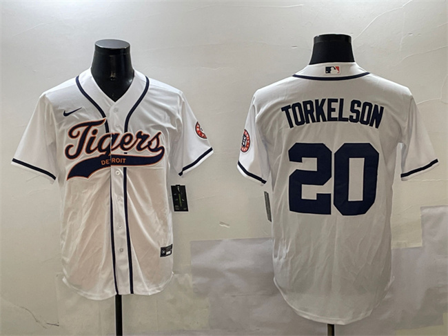 Personalized Men’s Detroit Tigers #20 Spencer Torkelson White With Patch Cool Base Stitched Baseball Jersey