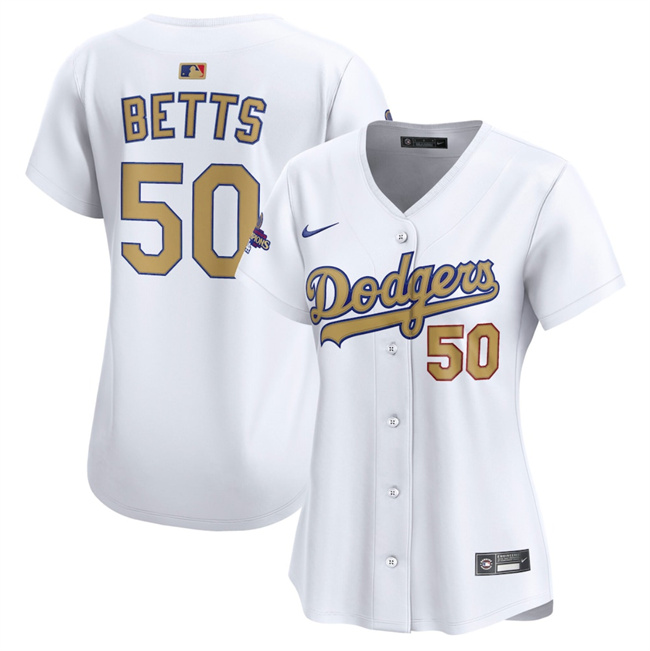 Personalized Women’s Los Angeles Dodgers #50 Mookie Betts White 2025 Gold Collection Limited Stitched Baseball Jersey(Run Small)