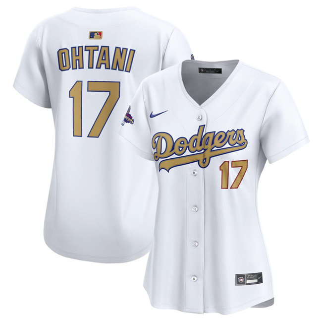 Personalized Women’s Los Angeles Dodgers #17 Shohei Ohtani White 2025 Gold Collection Limited Stitched Baseball Jersey(Run Small)