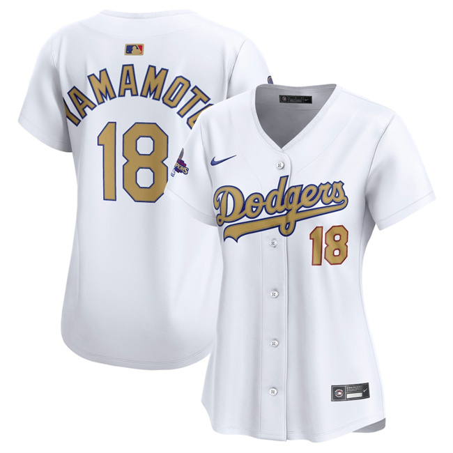 Personalized Women’s Los Angeles Dodgers #18 Yoshinobu Yamamoto White 2025 Gold Collection Limited Stitched Baseball Jersey(Run Small)