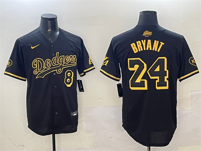 Personalized Men’s Los Angeles Dodgers Front #8 Back #24 Kobe Bryant Black Gold Stitched Jersey