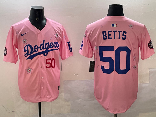 Personalized Men’s Los Angeles Dodgers #50 Mookie Betts Pink 2025 Tokyo Series Limited Stitched Baseball Jersey