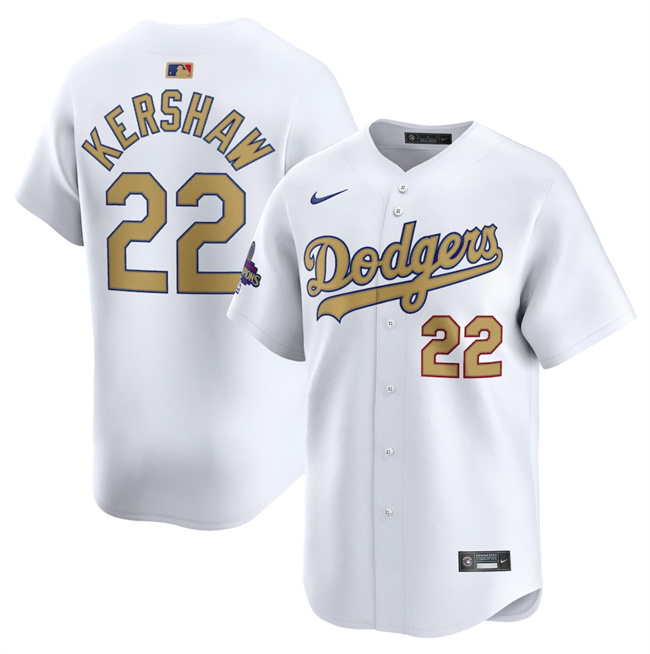 Personalized Men’s Los Angeles Dodgers #22 Clayton Kershaw White 2025 Gold Collection Limited Stitched Baseball Jersey