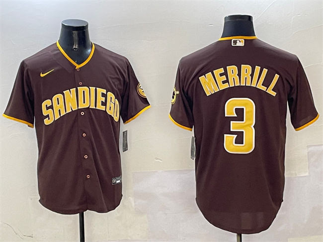 Personalized Men’s San Diego Padres #3 Jackson Merrill Brown Cool Base Stitched Baseball Jersey
