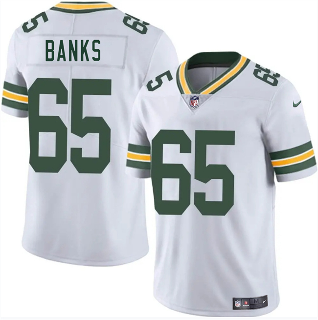 Personalized Men’s Green Bay Packers #65 Aaron Banks White 2025 Untouchable Limited Stitched Jersey