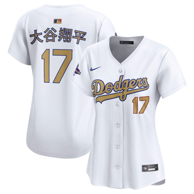 Personalized Women’s Los Angeles Dodgers #17 Shohei Ohtani White 2025 Gold Collection Limited Stitched Baseball Jersey(Run Small)